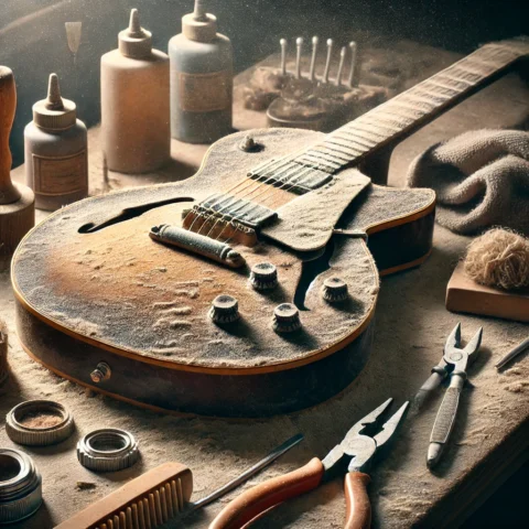 Detalle de restauración de guitarra Fender en Raven