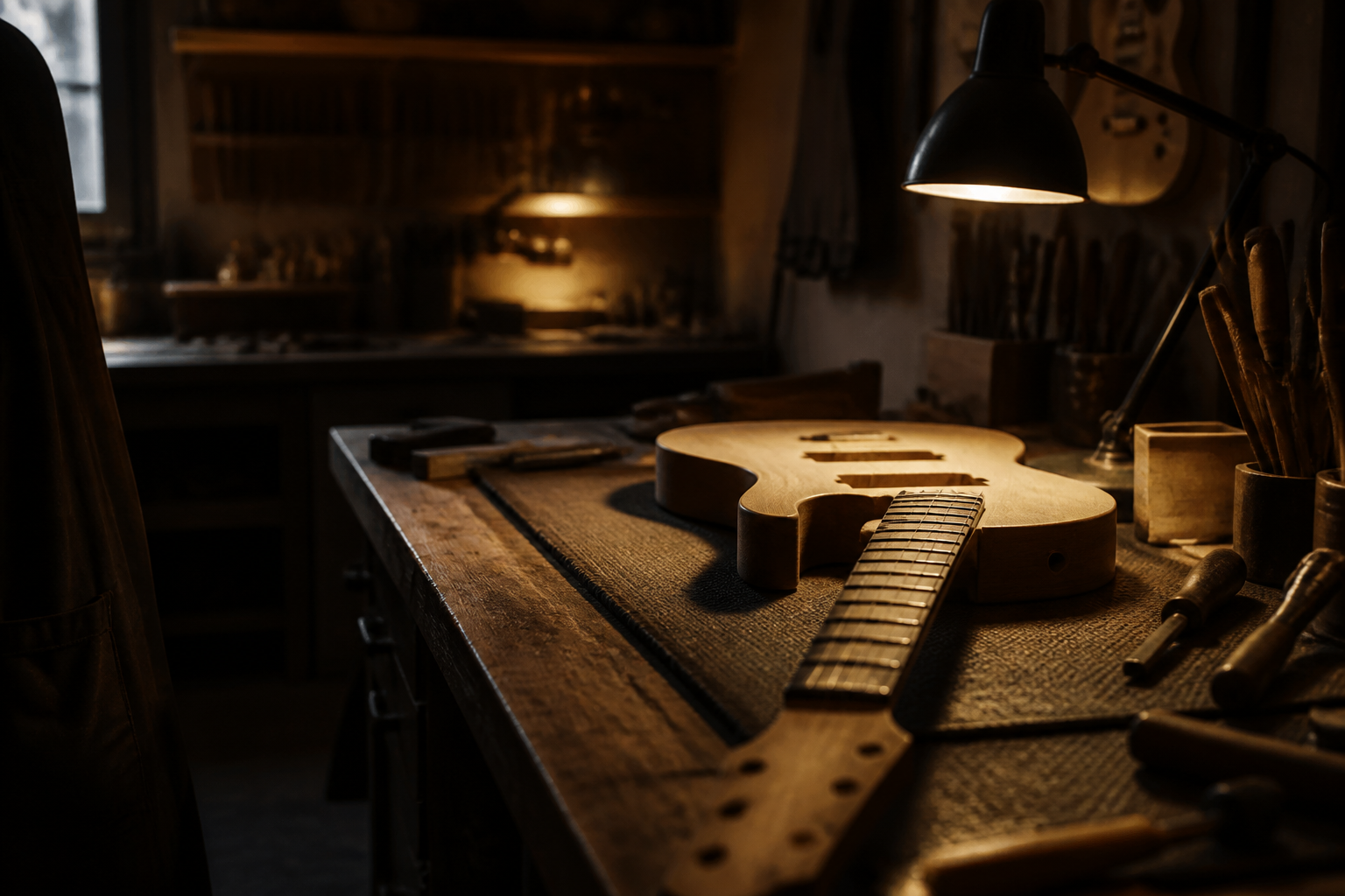 Banco de trabajo del taller Raven Custom Guitars
